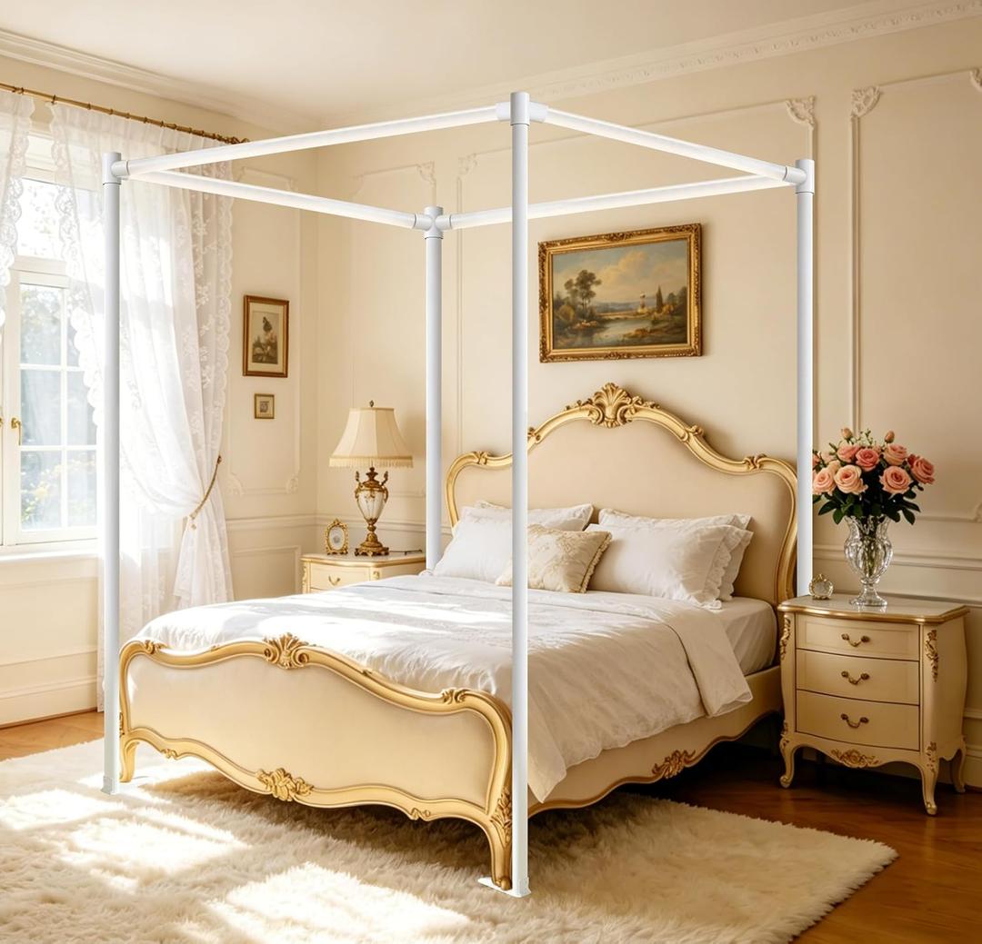 Canopy Bed Frame Queen Size, Thickened Stainless Steel 4 Corner Bed Canopy Poles, Heavy Duty Net Frame for Curtains, Bedroom Decor Canopy Bracket, Easy Assembly, 59 x 78 x 78 in