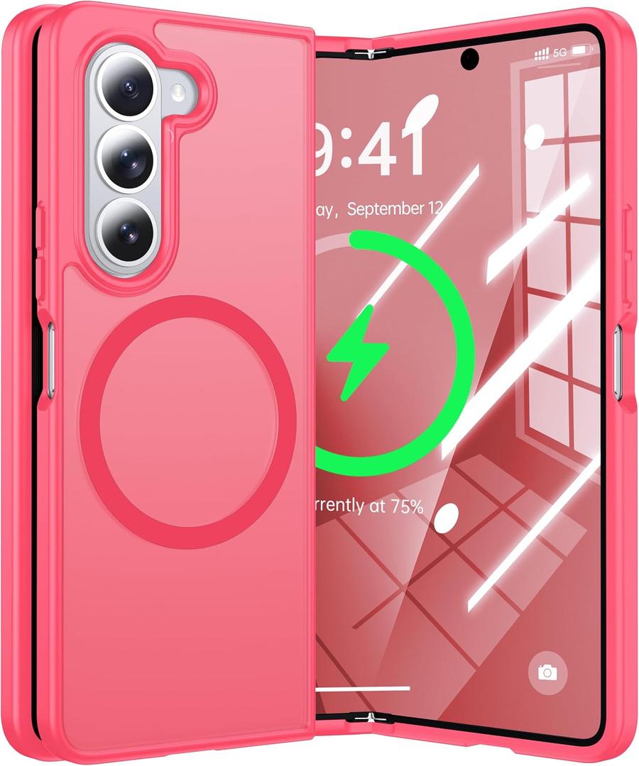 Magnetic for Samsung Galaxy Z Fold 7 Case Compatible with MagSafe[Fast Wireless Charging][Anti-Fingerprint][Military Shockproof]Translucent Matte Silicone Bumper for Z Fold 7 Phone Case,Rose Red