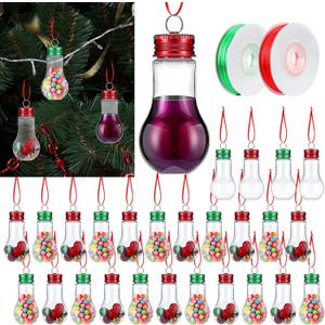 Sliner 48 Pcs Clear Christmas Fillable Light Bulb Ornaments Plastic Hanging Lightbulb Ornament Booze Balls with Ribbons for Candy DIY Crafts Xmas Christmas Tree Birthday Wedding Decoration