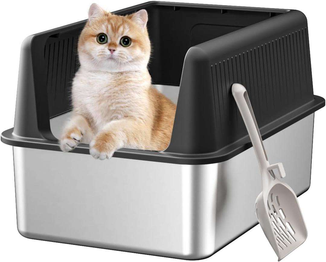 Stainless Steel Cat Litter Box with Lid,XL,19.7 L x 13.8 W x 11.8H Deep,Large Metal Litter Box with High Side,for Small and Large Cats,Anti-Leakage Non-Sticky Easy Cleaning Include Litter Scoop