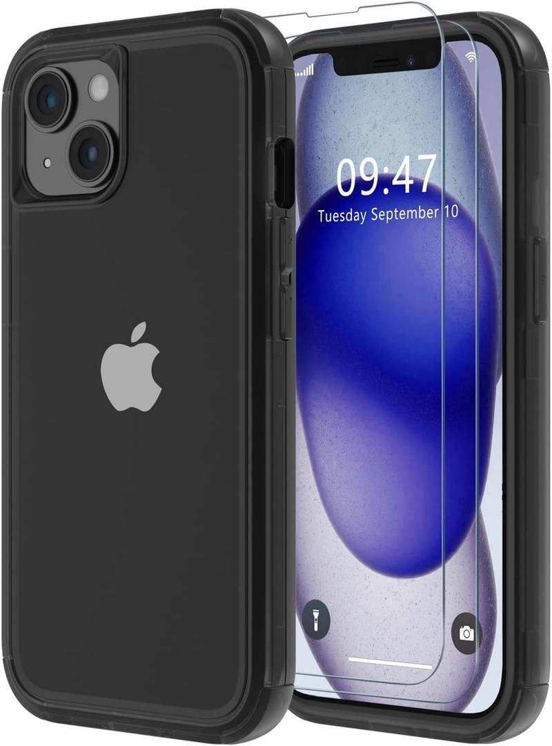 2 x Diverbox for iPhone 15 Case - [Shockproof] [Dropproof] [with Screen Protector ] Heavy Duty Protection Phone Case Cover for Apple iPhone 15 6.1 inch (High Gloss Black)