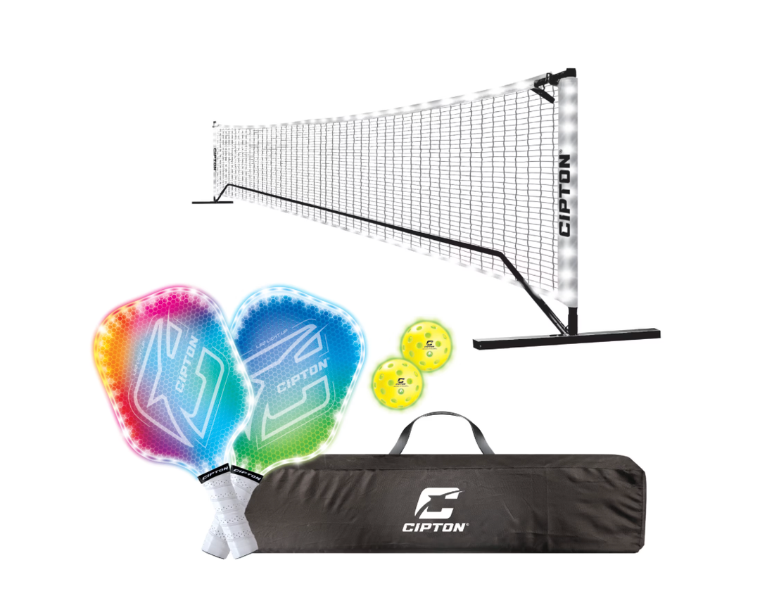 CIPTON LED Light Up Pickleball Net Set, 12 Ft Portable LED Net, 2 Rechargeable Fiberglass Paddles, 2 Official Size LED Pickleballs, Carrying Bag, USB-C Cable & Batteries Included