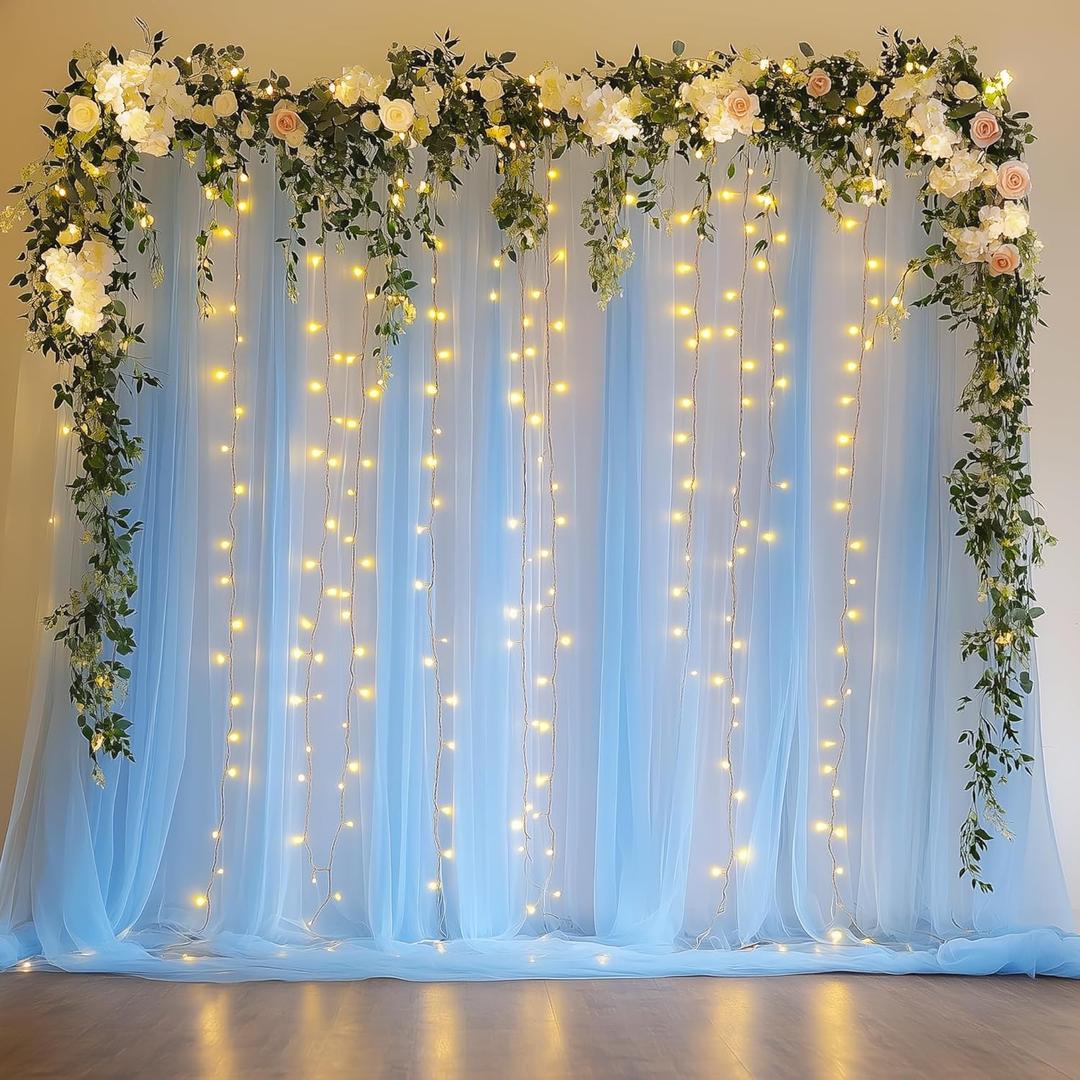 Fomcet Baby Blue Tulle Backdrop Curtains with Lights String 10FT X 8FT Sheer Curtain with Lights Tulle Curtains Backdrop for Wedding Birthday Party Photo Shoot (2 Panels 5x8FT)