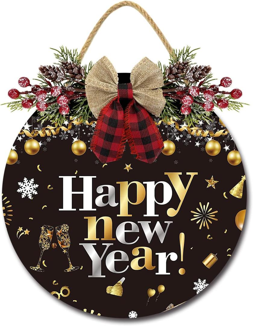 Front Door Sign Rustic Round Door Decor Happy New Year Round Hanging Sign with Bow for Xmas Decor Door Decoration