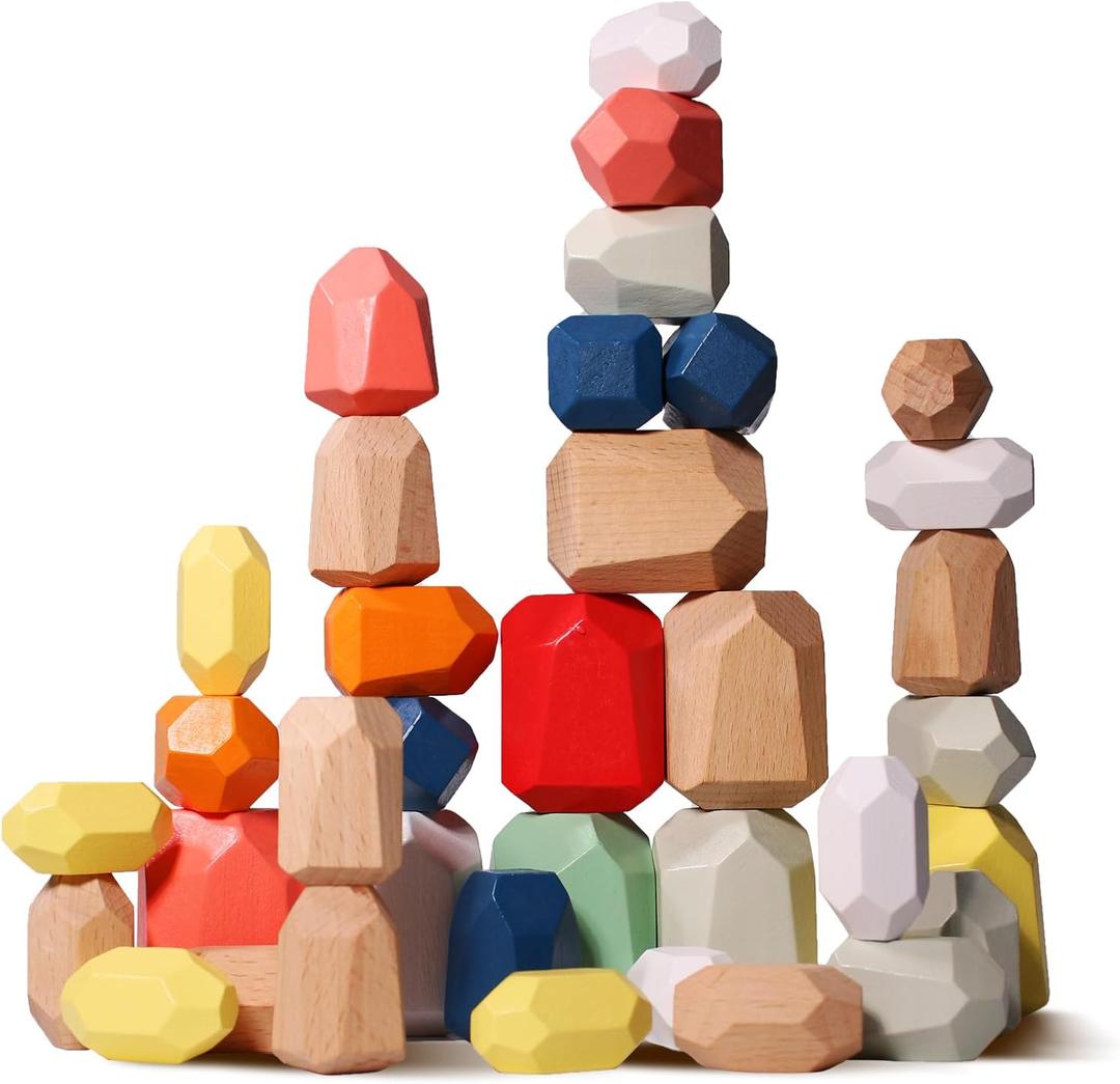 36PCS Wooden Stacking Rocks Building Blocks, Montessori Toys for 3 4 5 year old Stacking Game Sensory Preschool Learning Activities, Balancing Stones Birthday Gifts for Kids 3-5 Easter Basket Stuffers