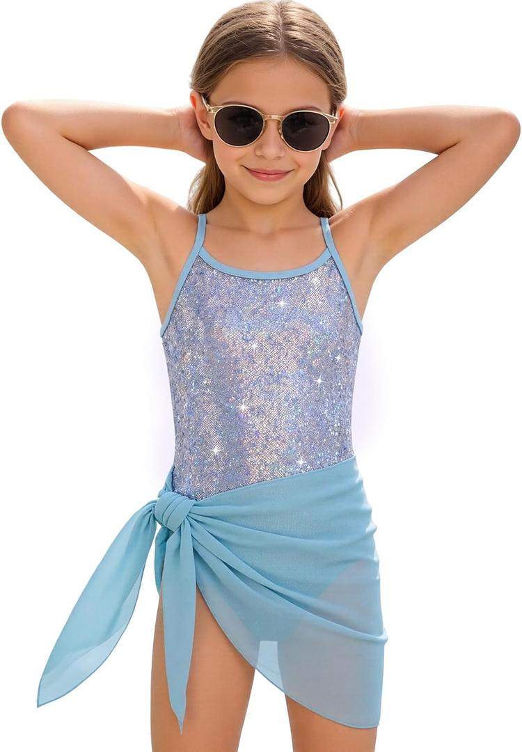 Girls One Piece Swimsuit Cute Swimsuit Girl Sparkle Swimwear Beach Bathing Suit Cover Up Skirt Adjustable Strap 5-6