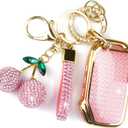 Sparkly Key Fob Cover with Cherry Keychain, Bling TPU Smart Key Case for Women, Compatible with Kia Cadenza Forte K5 NIRO Rio Seltos Sorento Soul Sportage Telluride (5-Button, Gold Pink)