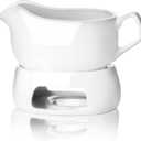 Nucookery Large 18 Oz Gravy Boat with Warmer, White Fine Porcelain Saucier with Big Dripless Lip Spout, Gravy Bowl For Thanksgiving, Warming Sauces, Salad Dressings, Microwave & Freezer Safe(Modern)
