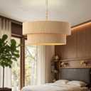 18.1" Rattan Chandelier, 2-Tier Boho Rattan Pendant Ceiling Light Fixture, 5-Light E12 Dimmable Modern Ceiling Light Fixtures for Dining Room, Kitchen Island, Living Room(Brown)