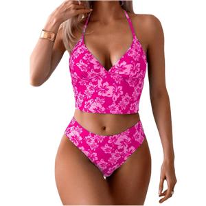 Floerns Women's Floral Print Halter Neck Tankini Top Two Piece Bathing Swimsuit (Hot Pink) S