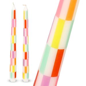 Talking Tables 2 x Colorful Checkered Tapered Tall Dinner Candles Made of Wax, Stylish Table Decorations Table Centrepieces, Summer Decor. Eco Packaging, Unscented, Burn Time 5 Hours, 10inches