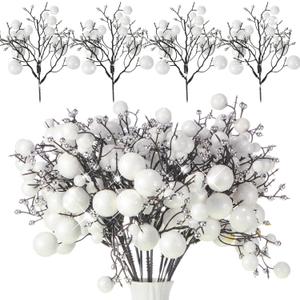 Geosar 24 Pieces Christmas Glitter Berries Stems 10 Inch Christmas Berry Picks Artificial Glittered Berries Ornaments Floral Stems for Xmas Tree, Home Wreath, Party Decoration(White)
