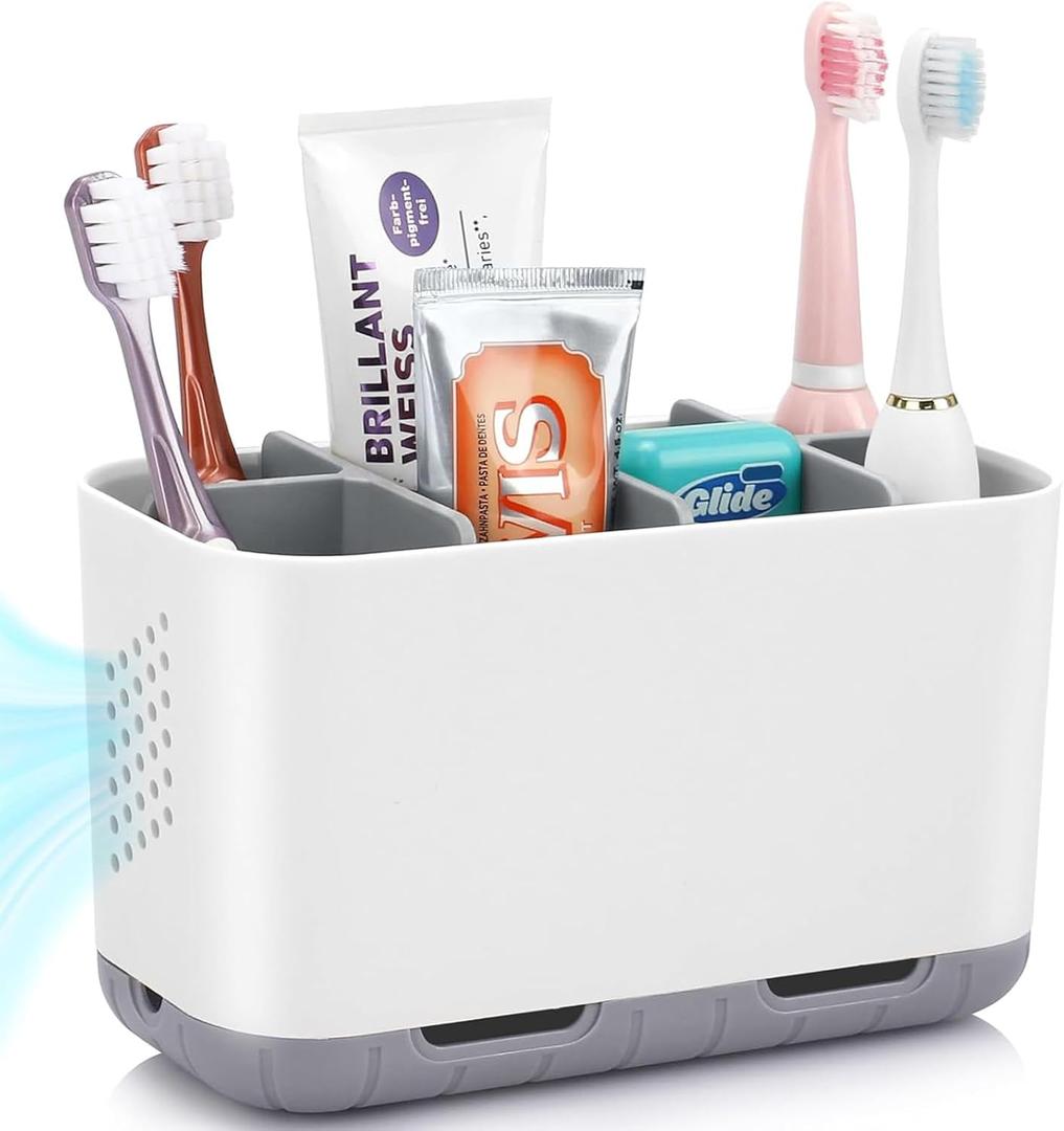 Boperzi Toothbrush and Toothpaste Holder Drainage for Bathroom Countertop with Adjustable Dividers, Large Toothpaste Caddy Organizer Storage Rustic Decor Set Anti-Slip for Shower,Family,Kids Gray (Grey)