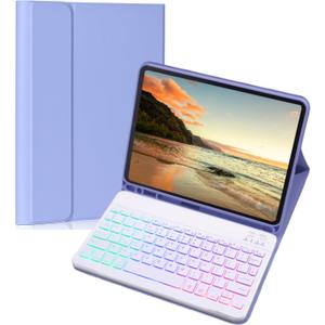 Keyboard Case for Galaxy Tab S10 Lite/ S10 FE/ S9 FE/S9/S8/S7, Slim Lightweight 7 Color Rainbow Backlight Detachable Magnetic Keyboard Cover with S Pen Holder, Purple