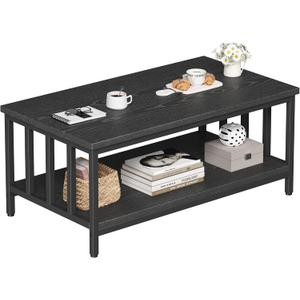 Coffee Table for Living Room with Slatted Sides Frame, Modern Farmhouse Living Room Table with 2-Tier Storage Shelf for Home Office, Apartment, 39 inch, Black, 39.4L*21.6W*18.1H