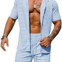 URRU Men's 2 Pieces Outfits Summer Beach Set See Through Sheer Short Sleeve Flower Lace Shirts and Shorts Sets, Medium