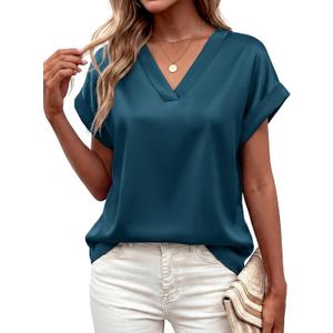 MASCOMODA Womens V Neck Silk Satin Tops Dressy Short Sleeve Work Blouses Spring Summer Loose T Shirts Business Casual Outfits (M)