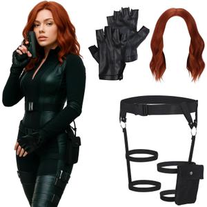 5 Pcs Halloween Black Spider Costume for Women Assassin Red Wig Hairnet Black Gloves Belt Stocks Spy Accessories for Halloween Cosplay