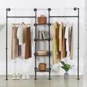 Wall Mounted Industrial Pipe Heavy Duty Clothes Rack, Clothing Rods for Hanging Clothes, Freestanding Clothing Rack with 2 Hang Rods & 4 Shelves, 72.8" W x 17.7" D x 71" H