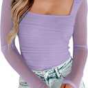 Women's Square Neck Mesh Long Sleeve Bodysuit Shirts Ruched Body Suit Leotard Tops, XS