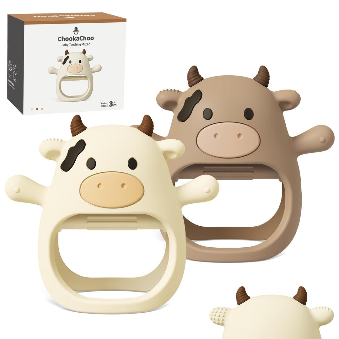 ChooKaChoo 2 Pack Baby Teething Toy for Over 3 Months, Food Grade Silicone Teething Mitten, Anti Dropping Wrist Hand Teethers Baby Chew Toys for Sucking Needs, BPA Free (MooMoo Cow)