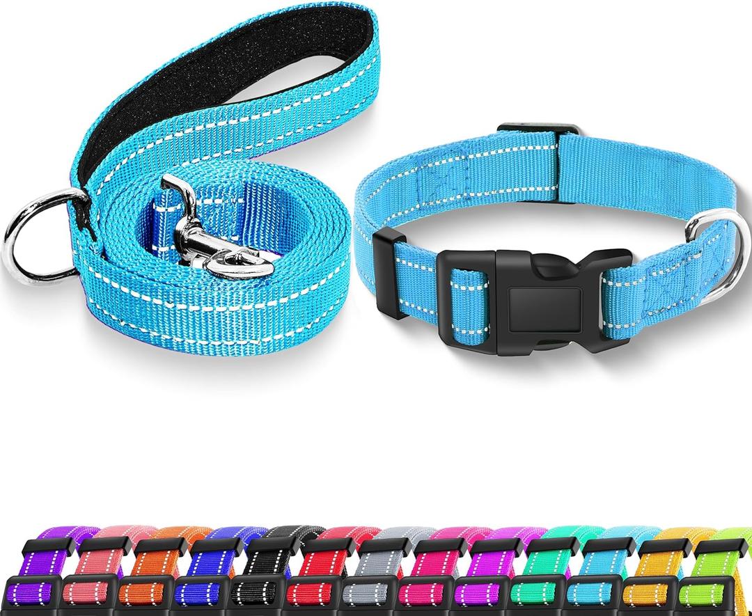 Reflective Dog Collar with Safety Locking Buckle, Adjustable Soft Breathable Nylon Collars for Dogs(Collar+Leash L Sky Blue) (Large (Width 1"))