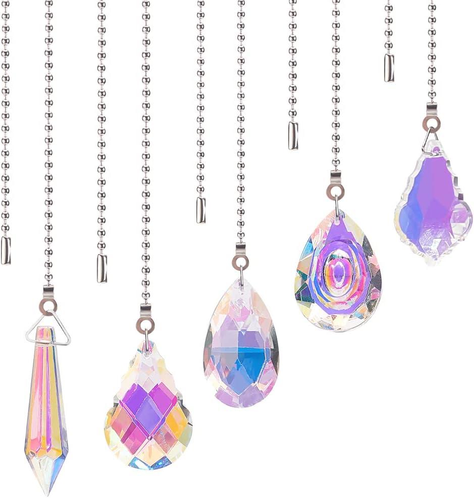 BENECREAT 5Pcs Glass Crystal Ceiling Fan Pull Chain Extenders, Colorful Hanging Suncatcher Floor Lamp Extension with 304 Stainless Steel Ball Chain for Table Lamp Light Decoration