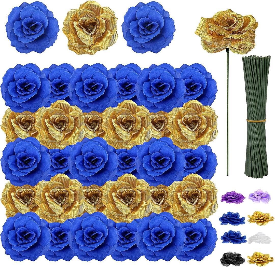 108pcs Roses Head Flowers with Stem - Blue & Gold Artificial Flowers Rose Bulk - Silk Royal Blue Gold Rose Fake Flower for Wedding Bouquet Home Baby Shower DIY Centerpieces Tables Grad Party Decor