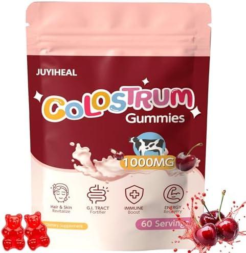 JUYIHEAL Colostrum Gummies, 1000 mg Grass Fed Colostrum Chews Colostrum Supplement for Gut Health, Hair Growth, Beauty, and Immune Support, Cherry Flavor 60 Servings, Pack Of 2, Best By: 01/18/2027