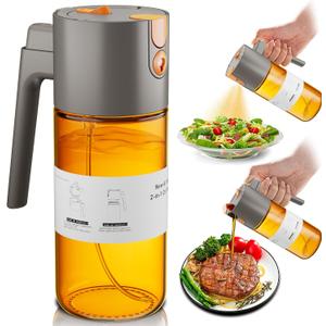 OURCABECUE Upgrade 2 in 1 Oil Sprayer for Cooking, 17oz Light-Blocking Glass Olive Oil Dispenser Bottle for Kitchen,Food-Grade Oil Mister with 8 Stickers for Salad, Frying (Grey)