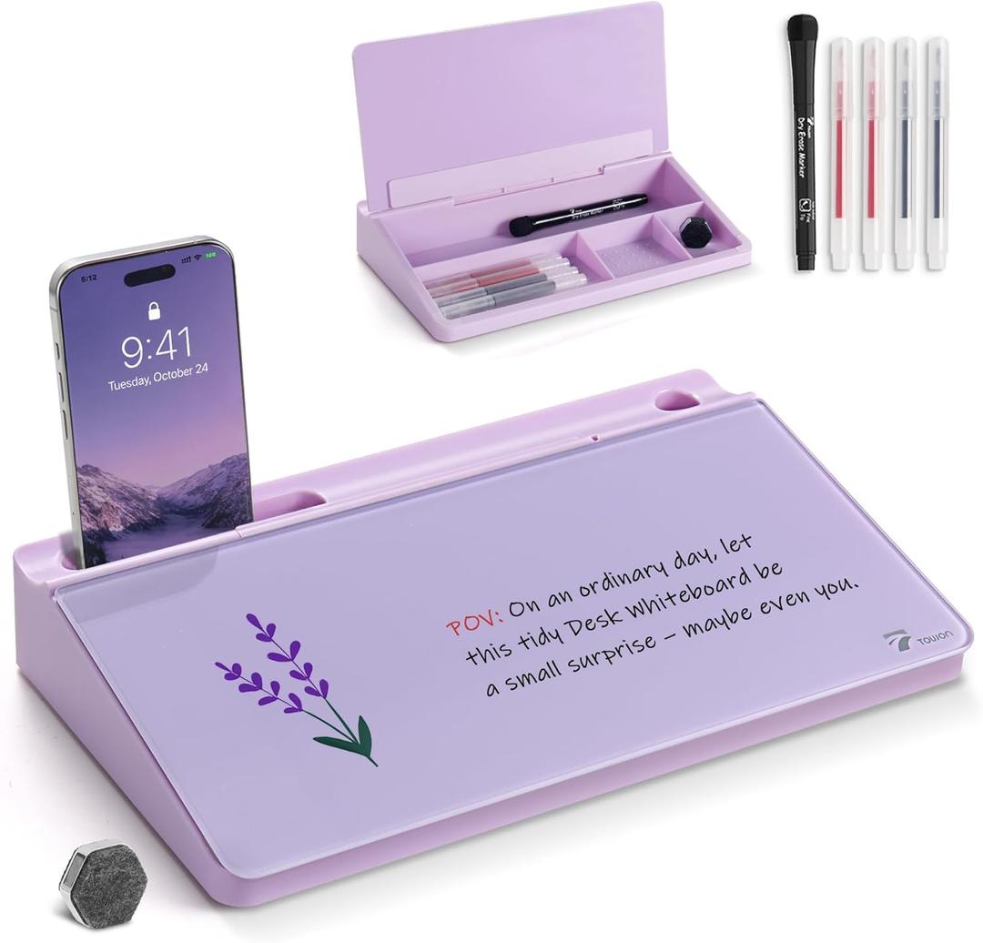 TOWON Small Compact Glass Desktop Whiteboard with Storage  12 x 7 in Dry Erase Board for Desk, Home Office, School | Includes 5 Markers, Eraser & Holder | Space-Saving Organizer, Aesthetic Lavender