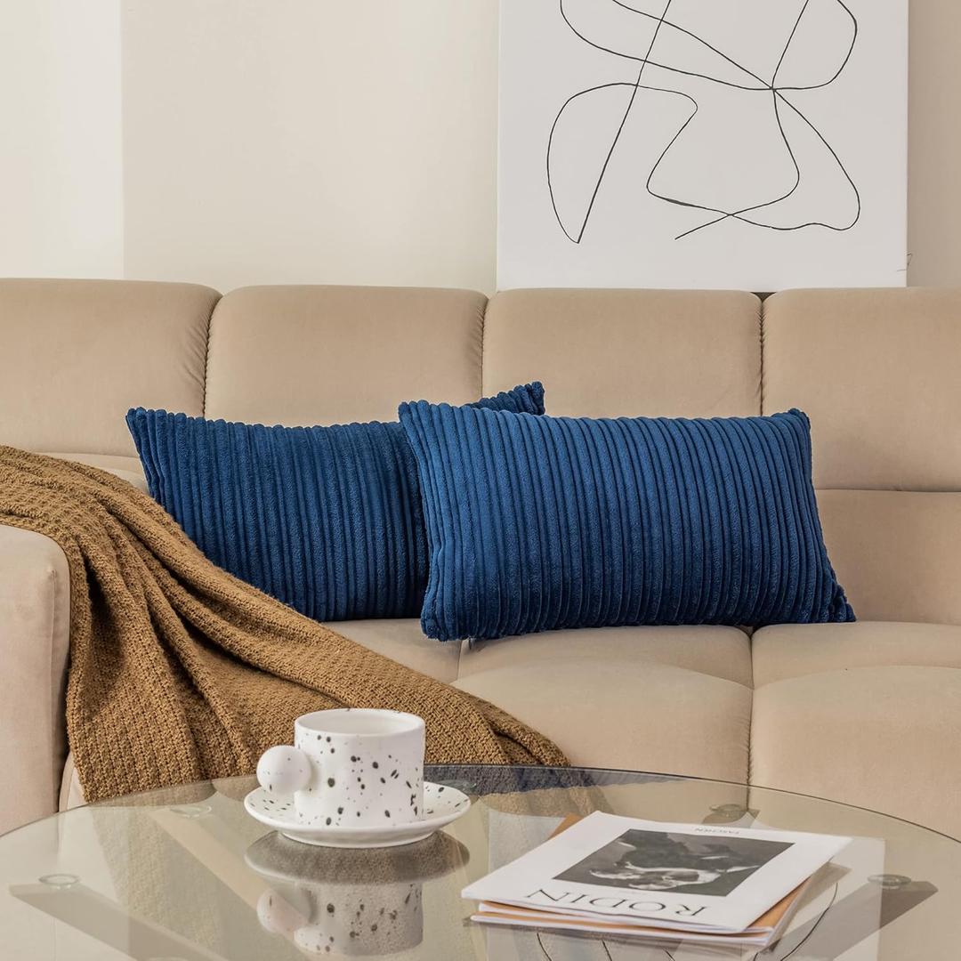 Corduroy Style Cushion Cover with Stripe Pattern, 12x20 Inch, Throw Pillow Covers in Navy Blue, Machine Washable Home Decor Decorations for Bedroom Living Room