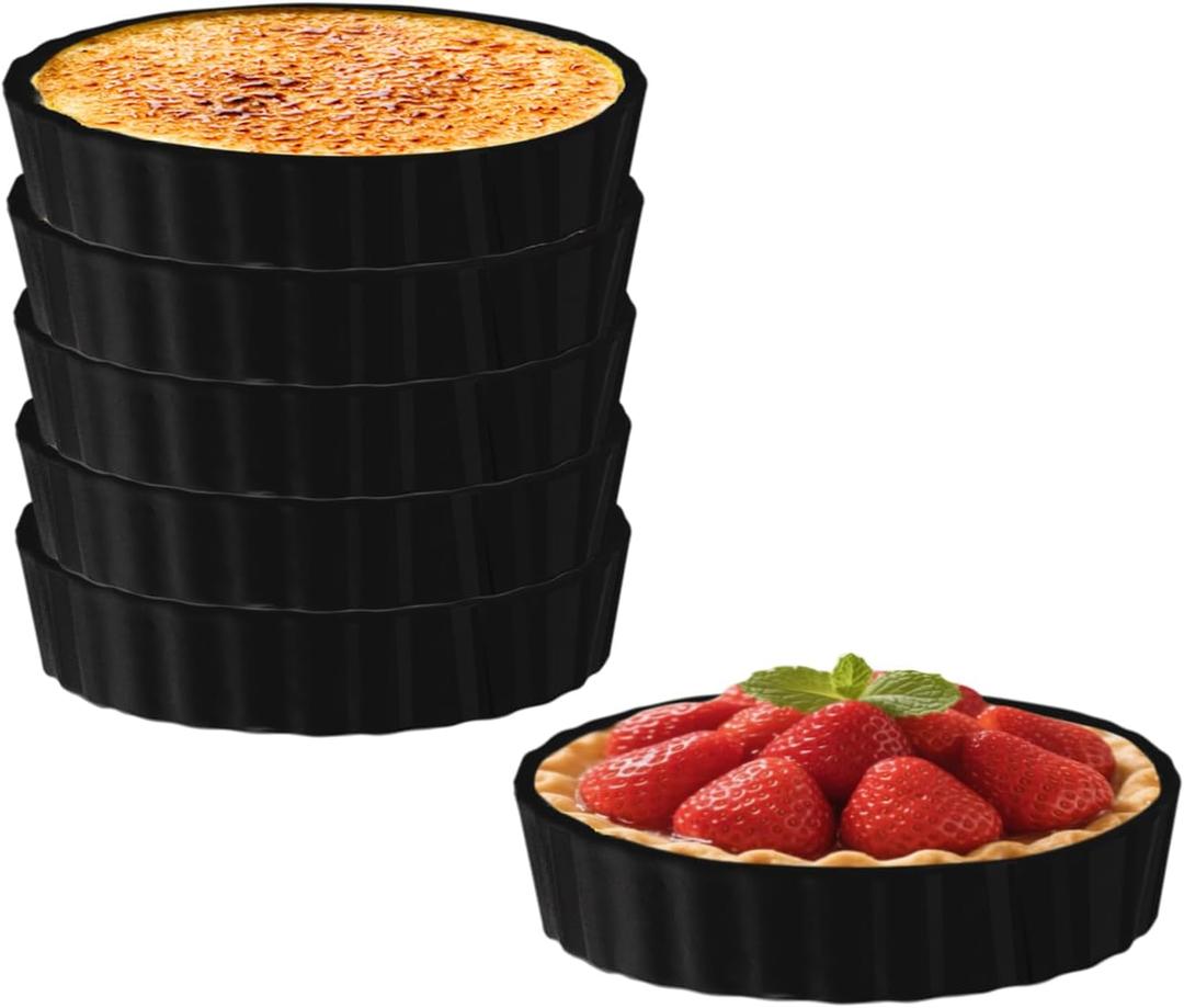 6 Oz Porcelain Ramekins for Creme Brulee, Oven-Safe Mini Baking Dishes, Striped Ceramic Ramekins, White Dessert Cups for Quiche, Souffls, Dips & Serving, Set of 6, Black