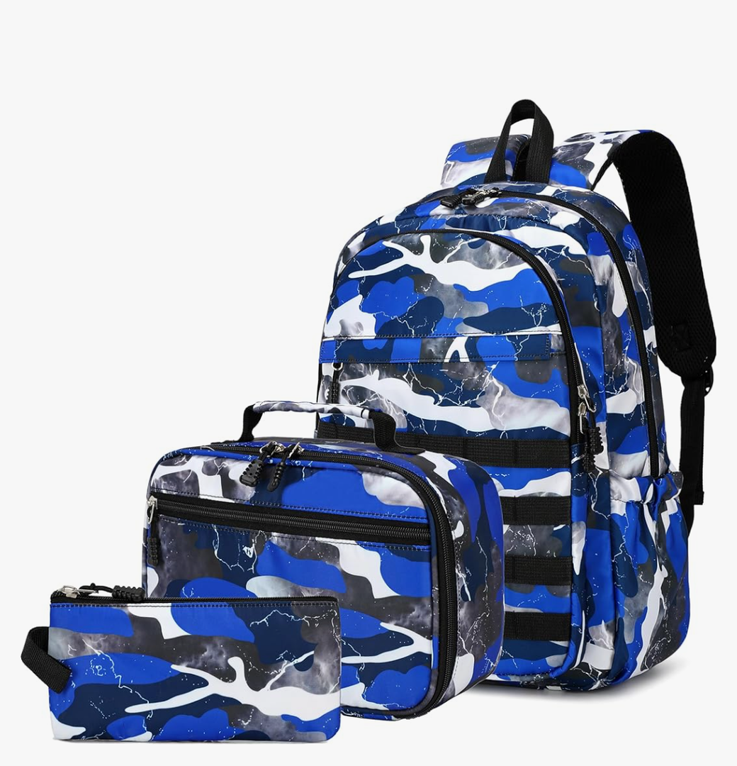 Boys Backpack with Lunch Box, Camo Kids Backpacks for Boys Elementary Middle School Bag Bookbag Outdoor Travel Back Pack (Camo Blue Set, Small)