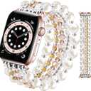JR.DM Beaded Bracelet Bands for women Compatible with Apple Watch 40mm 38mm 41mm 44mm 42mm(S10/11) Fashion Cute Dressy Stretchy Handmade Strap for iWatch Series E Pearl Gold, 41/40/38/42mm (S10/11)-S