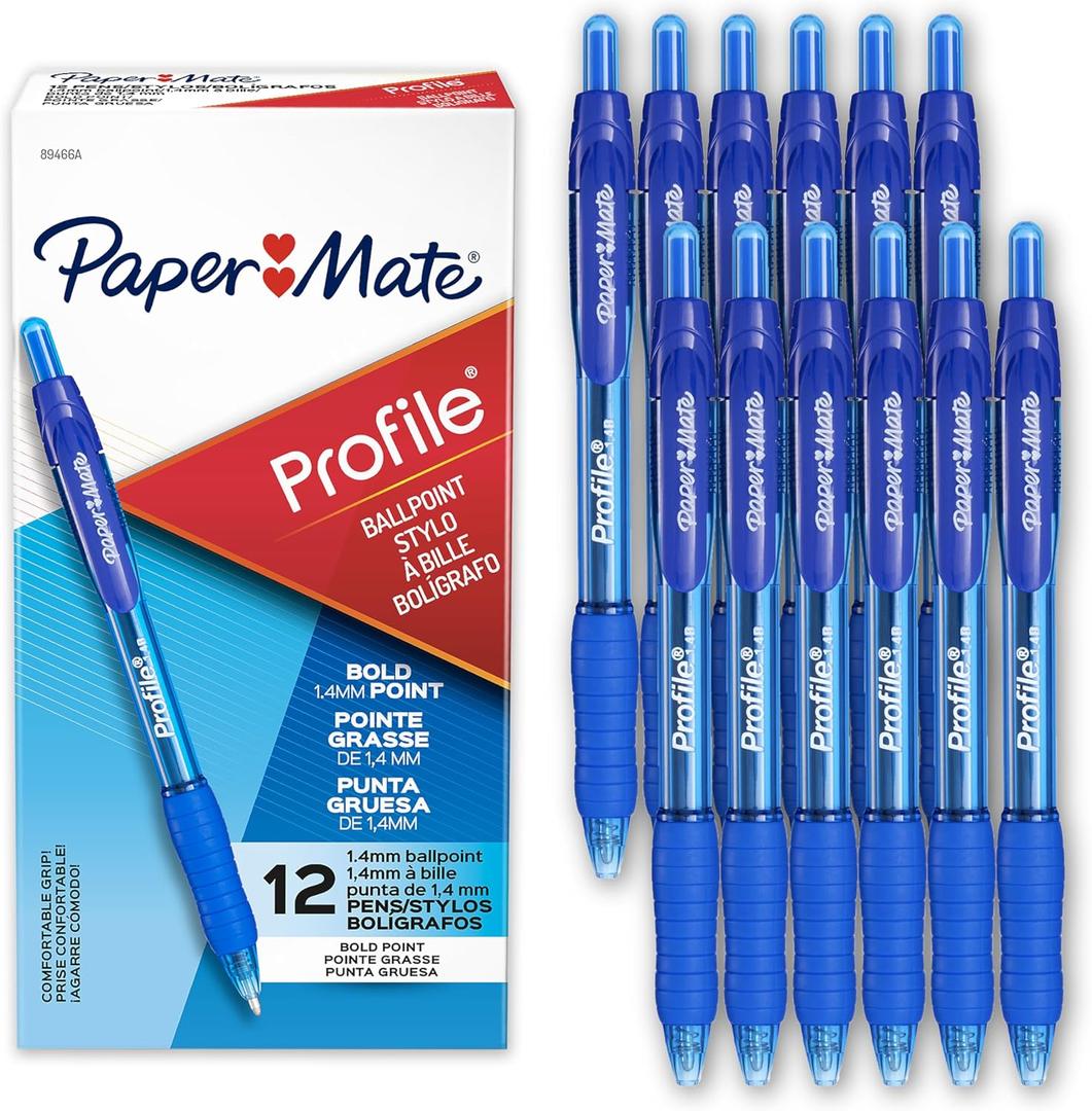 Paper Mate Profile Retractable Ballpoint Pens, Bold Point (1.4mm), Blue, 12 Count (12 Count (Pack of 1))