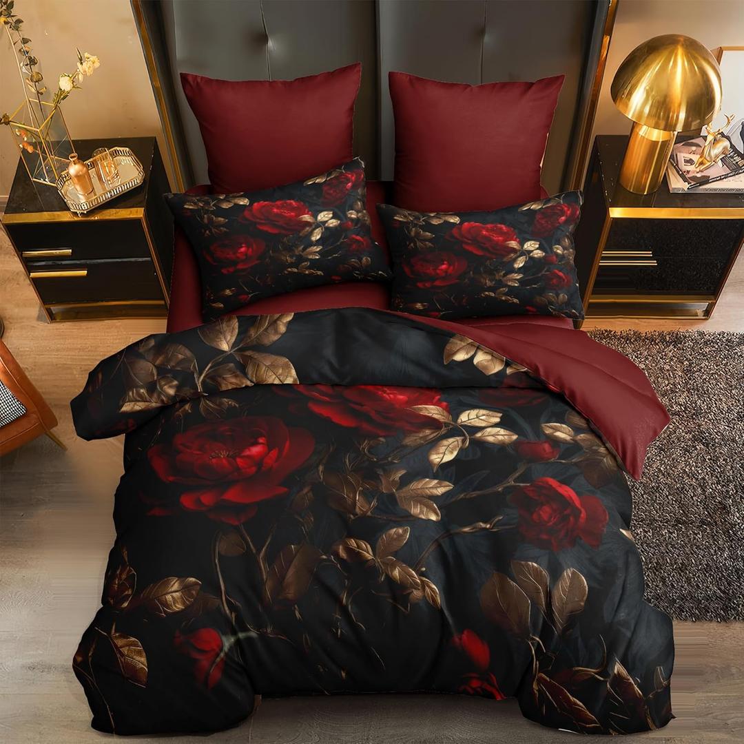 Queen Size Comforter Set - 3 Pieces Red Roses Pattern Vintage Floral Bedding for Adult Women Black Flower Decor Comforter Set with 2 Pillowcases/90 * 90