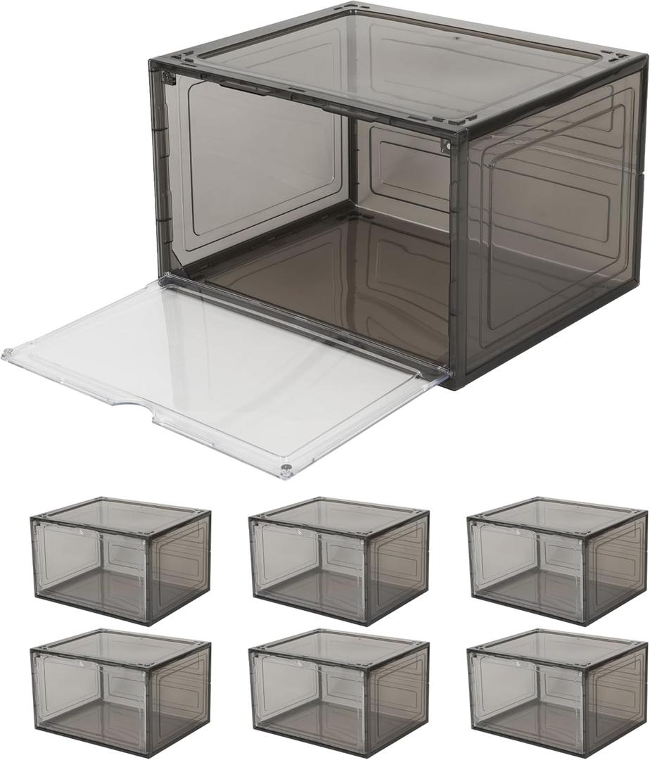 Stackable Plastic Storage Bins 6-Pack, 11"x8"x3" Stackable Shoe Boxes, Nestable Snacks & Drinks Boxes, Acrylic Organizer Bins for Shoes Clothes Toys Skincare Supplies Figures with Lid & Lock