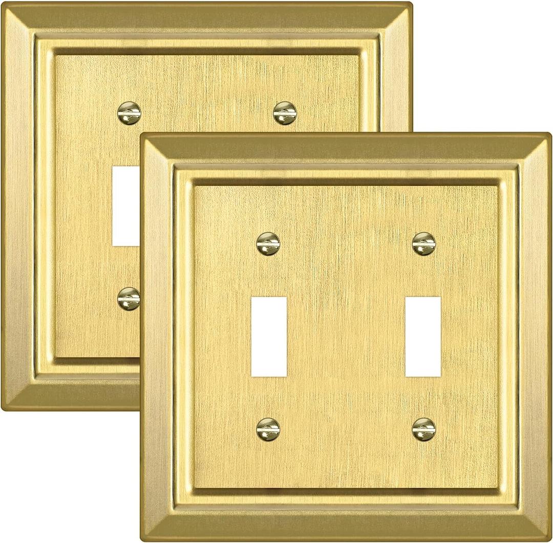 Metal Wall Plate for Electrical Outlets, Decorative Brass Gold Switch Plates Outlet Cover, Light Switch Cover Plate, 2-Gang Wall Plates (Double Toggle, 2 Pack)