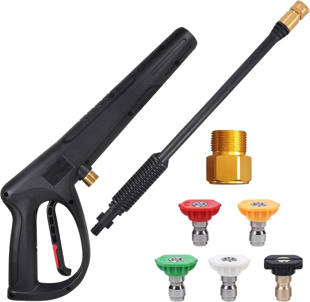 Pressure Washer Gun with Extension Wand & 5 Spray Nozzle Tips, M22-14mm & M22-15mm Fitting Replacement for Ryobi, Karcher, Powerstroke, Greenworks, Husky, Raptor Blast, Electric Power Washer (Black)