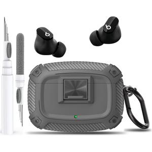 for Beats Studio Buds/Bud + Case Cover with Lock Clip 2021/2023, Rugged Shockproof Protective Hard Skin with Carabiner&Cleaner Pen Men Women for Beat Studio Buds/Bud Plus Earbuds - Grey