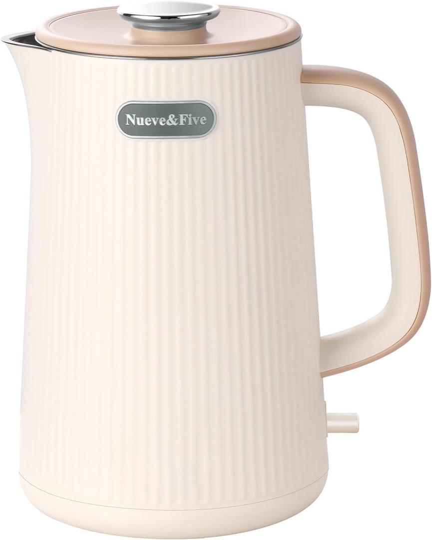 Nueve&Five 1.7L Large Electric Kettle,Double Wall Big Electric Tea Kettle,Auto Shut Off,1200W Hot Water Kettle Electric of 304 Stainless Steel-Cream White