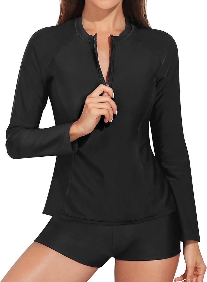 Daci Women Long Sleeve Rash Guard 2 Piece with Boy Shorts Zipper Swimsuit UPF 50 Bathing Suit for Women (Small, Black1)