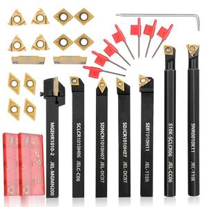 Indexable Lathe Turning Tool 21Pcs Kit 3/8'' 10mm Shank 7Pcs Metal Lathe Tools Holder Set with 14Pcs Turning Inserts for Turning Grooving Threading Boring Carbide Inserts Carbide Turning Tool