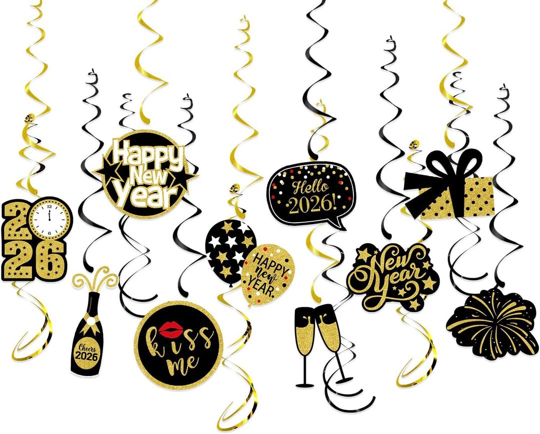 Happy New-Years Eve Party-Decoration Banner Garland - 16pcs Black Gold 2026 Swirl Streamers Banner,Nye Kids Hanging Supplies Decor Lasting Surprise