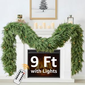 Cedar Christmas Garland with Lights for Mantle - Decorations 9 ft Realistic Lighted Faux Pine Garlands for Xmas Indoor Outdoor Prelit Decoration 9ft Garland for Door Stairs Railing Fireplace