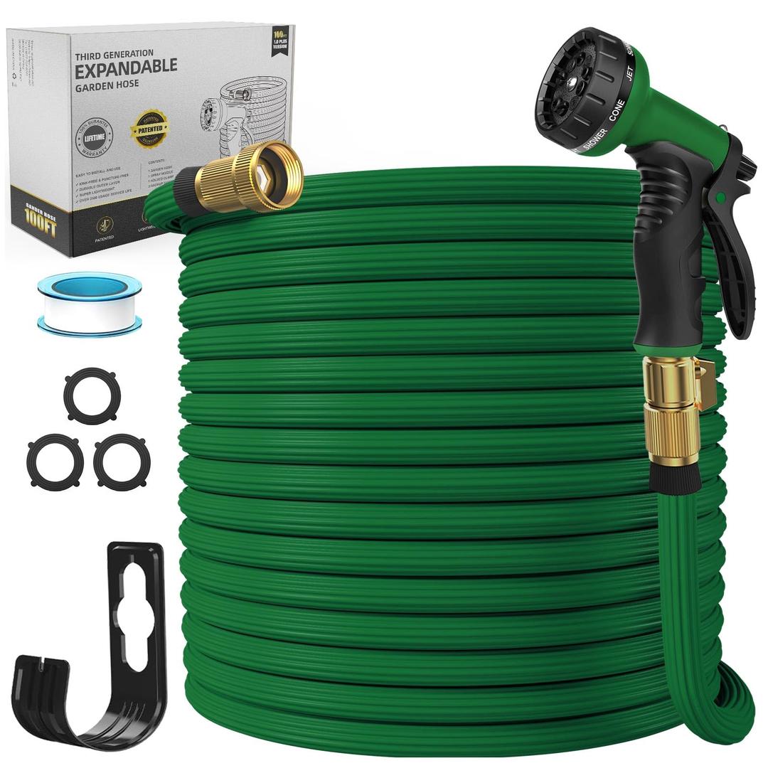 50ft Garden Hose Expandable, Water Hose with 3 Layer Latex Core, 3/4" Solid Brass Fittings, flexible garden hose for Watering and Cleaning, Green