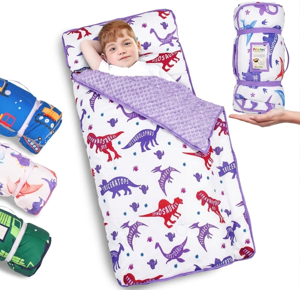 Primlect Thickened Toddler Nap Mat with Removable Pillow and Minky Blanket, 22x45 In Sleeping Bag, Washable, Roll up, Perfect for Daycare, Preschool, Kindergarten, Boys and Girls Dinosaur
