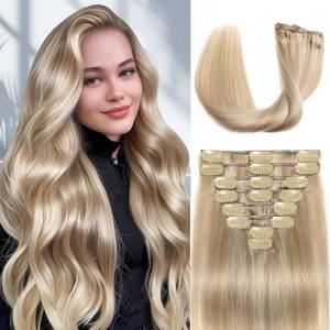 Clip in Hair Extensions Real Human Hair, 18 inch 100g/3.6oz, Balayage Invisible Remy Human hair Clip in Extensions for Women Seamless Straight 8Pcs Double Weft Dark Blonde Highlighted Bleach Blonde