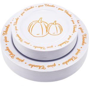 Rubtlamp 60Pcs Thanksgiving Plastic Plates, White Plastic Plates With Orange Pumpkin and Alphabet, Premium Heavy Orange plates Include 30 Dinner Platos 10.25", 30 Dessert Platos 7.5" For Party